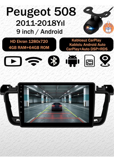Peugeot 508 2011-2018 Android Navigasyon Multimedya Tesla Ekran Android Teyp Double Teyp 4gb Ram 64gb Hafıza Kablosuz Carplay Android Auto 9"