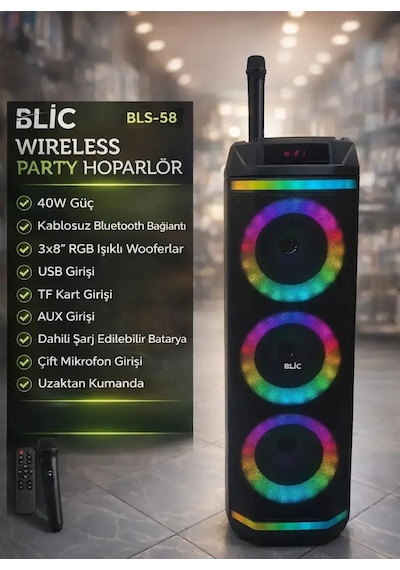Blıc Bls-58 40w Karaoke Hoparlör Kablosuz Mikrofonlu Bluetooth 5.4 Taşınabilir Ses Sistemi Rgb Led Uzaktan Kumandalı