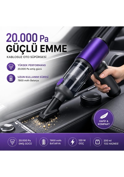20.000 Pa Kablosuz El Süpürgesi 120w Güç, 7800 Mah Batarya, 200 Ml Toz Haznesi, 8 Başlıklı, Taşıma Çantalı Mini Araç & Ev Süpürgesi Mor
