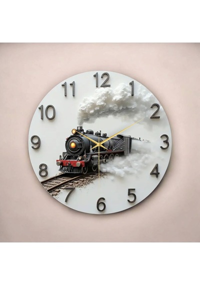 Tren Renkli Baskı Desenli Sayılı Hediyelik Ahşap Sessiz Tablo Duvar Saati 02 Renkli