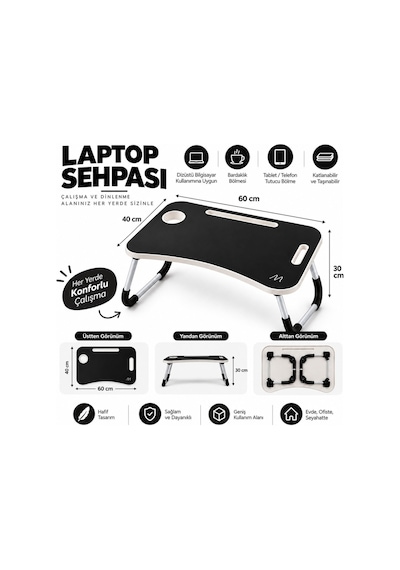Muıtomas Katlanabilir Bardaklıklı Laptop Masası Siyah
