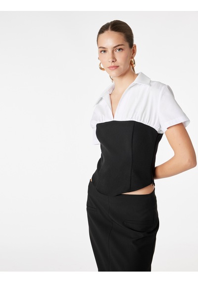 Koton Pamuklu Slim Fit Renk Kontrastlı Kısa Kollu Korse Detaylı Gömlek Beyaz 6sak60423uw