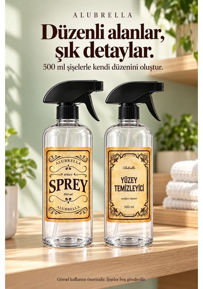 Alubrella 2 Li 500 Ml Şeffaf Boş Sprey Şişe Seti Ve 6 Lı Genel Amaçlı Etiket Amber