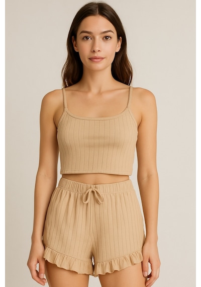 Crop Takım - Askılı Crop Takım Likralı Bej Xl Çok Renkli