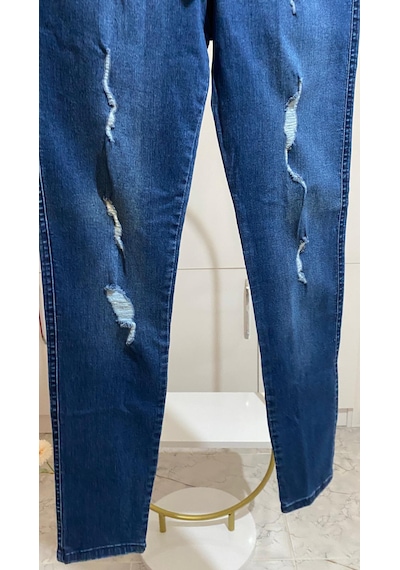 Lazerli Yırtık Denim Tayt Pantolon Açık Lacivert