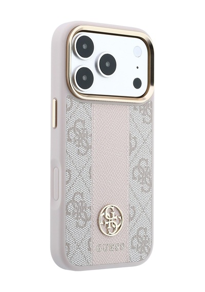 Apple iPhone Uyumlu 18 Pro Kılıf Guess  Lisanslı M-safeli Deri 4g Desenli Şeritli Yazı Logolu Kapak Pembe