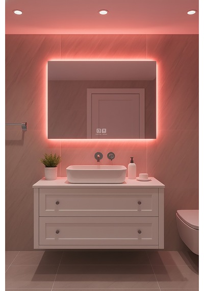 Digital Hayat Buğu Çözücü Dokunmatik Dimlenebilir Dikdörtgen Ayna Kırmızı Işıklı Led Dekoratif Banyo Makyaj Aynası Yatay Ve Dikey Kullanım Kırmızı