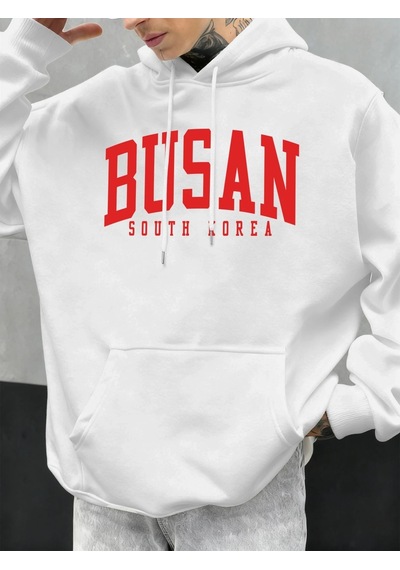Startmore Tarzsokak Busan Güney Kore Mektup Desen Erkekler Büyük Boy Hoodie Rahat Hoody Sonbahar Moda Streetwear Beyaz