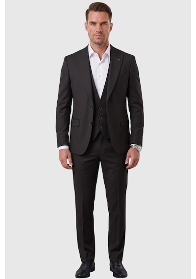 Rizzup Siyah Slim Fit Likralı 3 Lü Takım Elbise Ceket Yelek Pantolon Modern Şık Tasarım 2601798