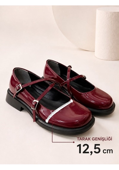 Dabab Shoes Marsel Kadın Bordo Rugan Çapraz Bantlı Tokalı 2 Cm Kalın Taban Mary Jane Ayakkabı