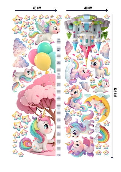 Unicorn Temalı Boy Ölçerli Duvar Sticker Seti - Mat, Sökülebilir, Çocuk Odası Dekoru 01