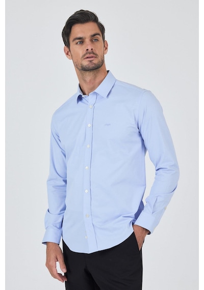 İmza Uzun Kol Düz Bez Ayağı Sert Yaka Cepsiz Pamuklu Classic Slim Fit Gömlek 1004250195 Koyu Mavi