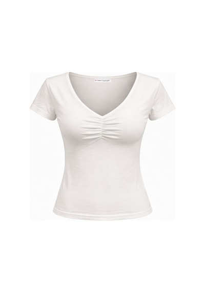 Mixray 2080 Kadın V Yaka Büzgü Detaylı Kısa Kollu Basic T-shirt Beyaz