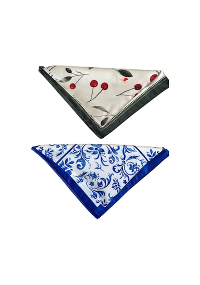2 Li Saten Bandana Seti Saten Fular Saten Çanta Aksesuarı Özel Desen Bandana 45x50 Cm Gri - Siyah