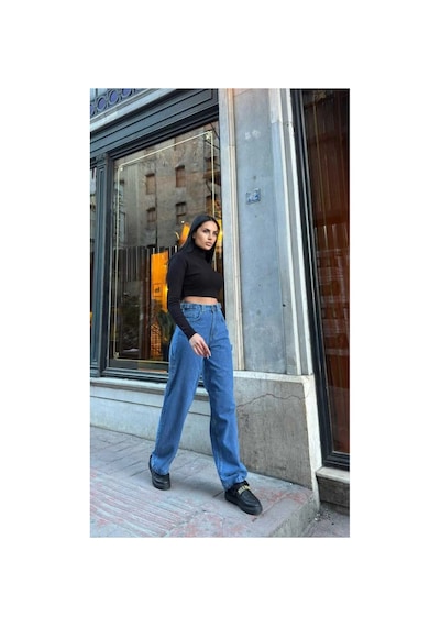 Kene Jeans Yüksek Bel Mavi Yan Kemer Tokalı Kargo Cep/baggy Bol Paça Jeans Mavi