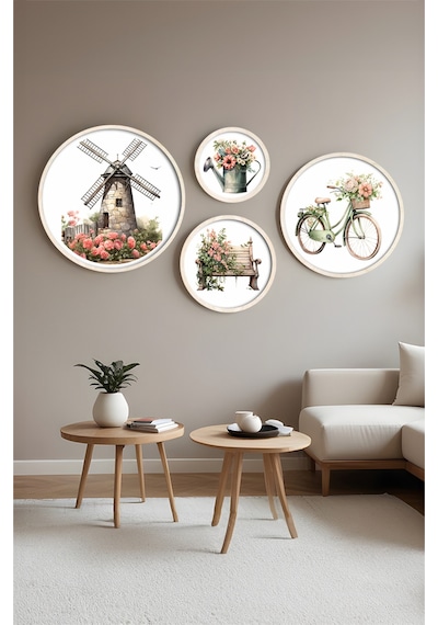 Ahşap Çerçeveli Modern 4'lü Yuvarlak Tablo Seti Huhu416