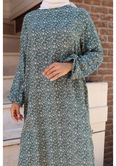 Nevayla Moda Çiçek Desenli Viskon Elbise - Yeşil / E0128 Yeşil