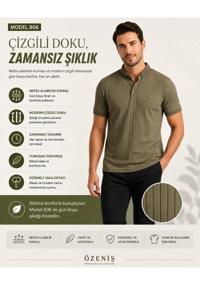 Özeniş Erkek Polo Yaka Slim Fit Çizgili Desen Kaşkorse T-shirt Haki Özeniş Erkek Polo Yaka Slim Fit Çizgili Desen Kaşkorse T-shirt Haki