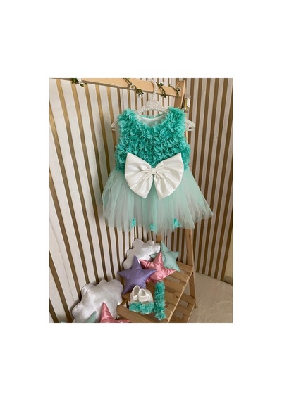 Hayy Baby Kıds Wear Su Yeşil Çiçekli Çocuk Tütü Elbise