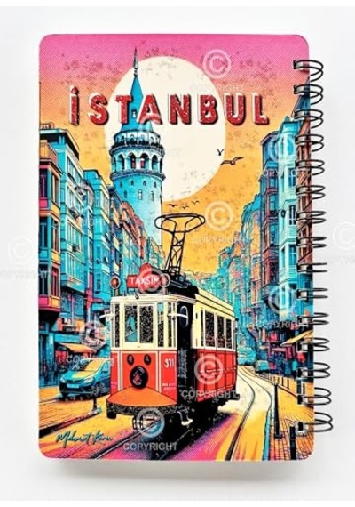 Simli Defter İstanbul A5 Yeni Yıl Çizgisiz Spiralli 14x21 Cm Taksim Tramvay Açık Gri
