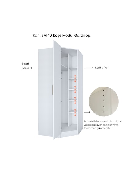 Rani Ba140 Köşe Modül Gardırop Tek Kapaklı 6 Raflı Askılı Elbise Dolabı Tamamlayıcı Köşe Ünitesi Beyaz Rani Ba140 Köşe Modül Gardırop Tek Kapaklı 6 Raflı Askılı Elbise Dolabı Tamamlayıcı Köşe Ünitesi Beyaz