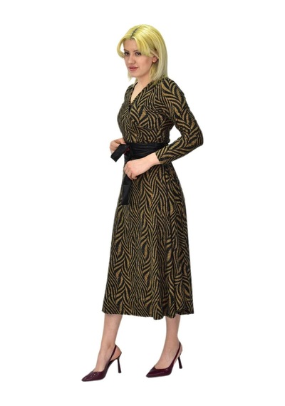Kadın Viskon Zebra Desenli V Yaka Elbise Bgl-st03535 001