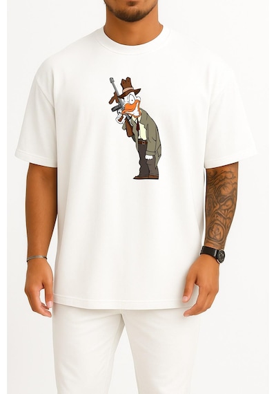 Bahriyeli Collection Oversize American Pekin Duck Mallard Bird, Gangster Göğüs Tasarımlı Unisex T-shirt Beyaz