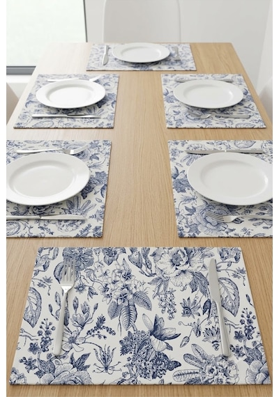 Çiçek Desenli Kumaş Tabak Altlığı 35x45 Cm Mavi Yapraklı Yemek Masası Tabak Altlığı 6 Kişilik