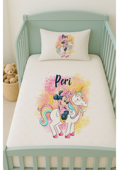 %100 Pamuk İsme Özel İsimli 100x150 Cm Pike Seti Unicorn Ve Minnie