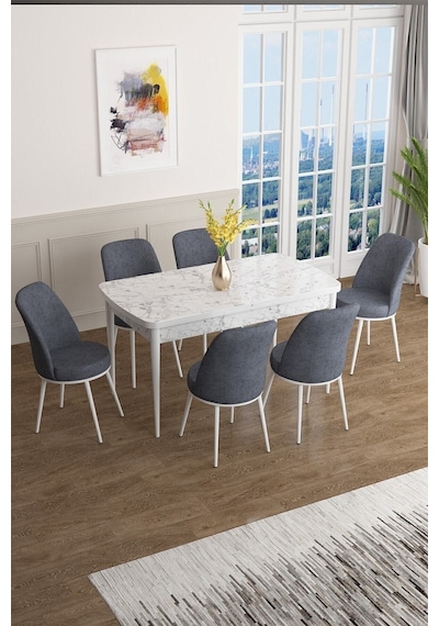 Canisa Concept Han Serisi 70x114 Açılabilir Mdf Mutfak Masası Takımı Beyaz Mermer Desen Masa 6 Füme Sandalye Masa Beyaz Mermer Sandalyeler Füme