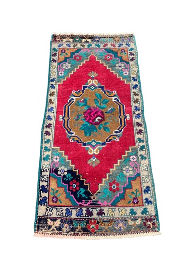 El Dokuma Eskitme Karabağ Halısı 55x115 Kırmızı Yeşil Yastık Kırmızı