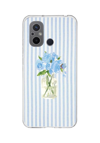 Redmi 12c Uyumlu Mavi Çizgili Sulu Boya Çiçek Baskılı Silikon Kılıf