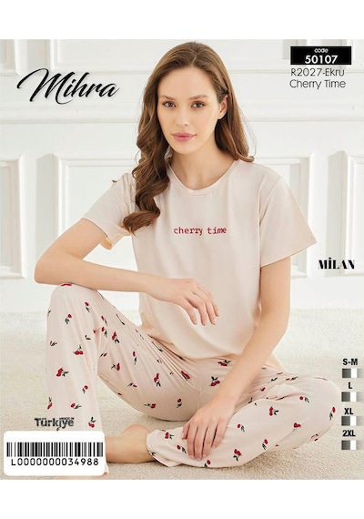 Mihra Kadın Bisiklet Yaka Milan Likralı Kısa Kol Pijama Takımı 50107ekru - 1 Adet Ekru