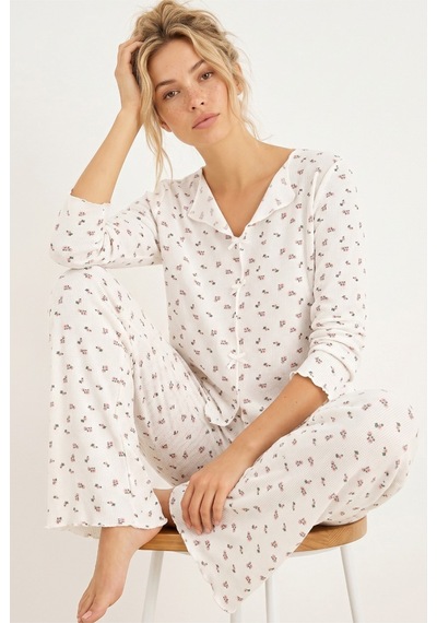 Siyah İnci Waffle Kumaş Örme Pijama Takım 7944 Ekru