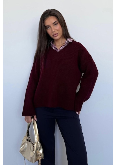 Madmext Bordo V Yaka Triko Kadın Kazak Mg2501 Bordo