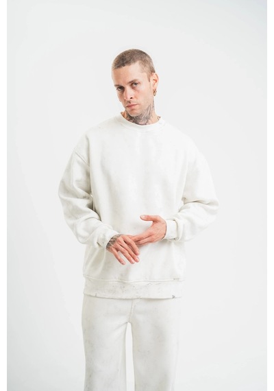 Luz&pos Erkek Uzun Kol Bisiklet Yaka Yıkamalı Sweatshirt - Beyaz Beyaz