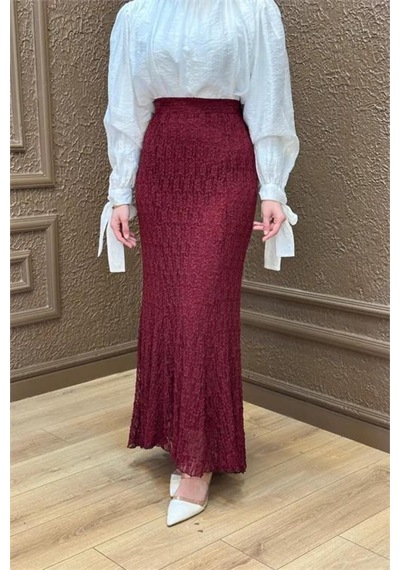 Neşeli Butik Kadın Bordo Dantel Kumaş Maxi Boy Tesettür Etek