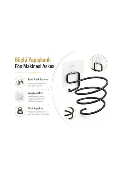 Tr Yapışkanlı Siyah Fön Makinesi Askısı, Delmeden Montajlı Saç Kurutma Makinesi Tutucu, Şeffaf Tabanlı Banyo D Diğer