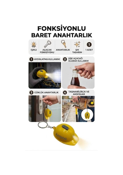 Anahtarlık Baret Tasarım Işıklı Led Açacak Fonksiyonlu Tasarım Anahtarlık Beyaz Mavikırmızı Sarı Beyaz