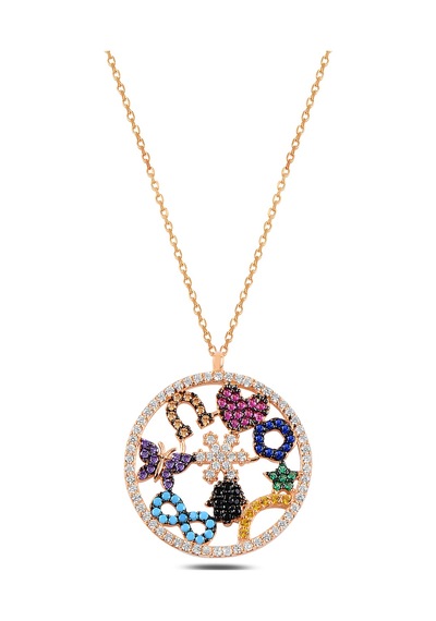 Çekirdekjewelry 925 Ayar Gümüş Rose Kaplama Zirkon Taşlı Sembollü Yuvarlak Kolye Pembe