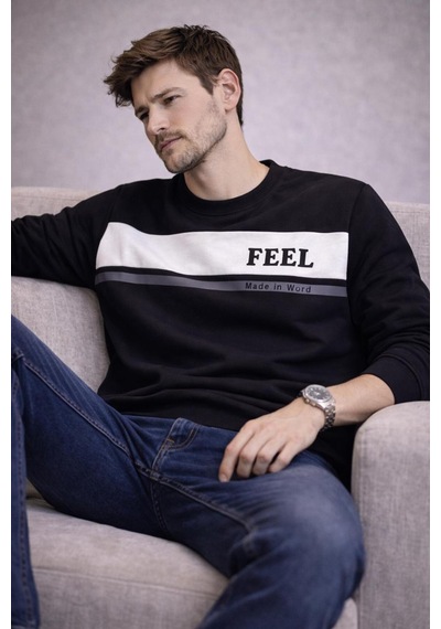 The Feel Marcel Erkek Regular Fit Bisiklet Yaka İnce Sweatshirt Siyah
