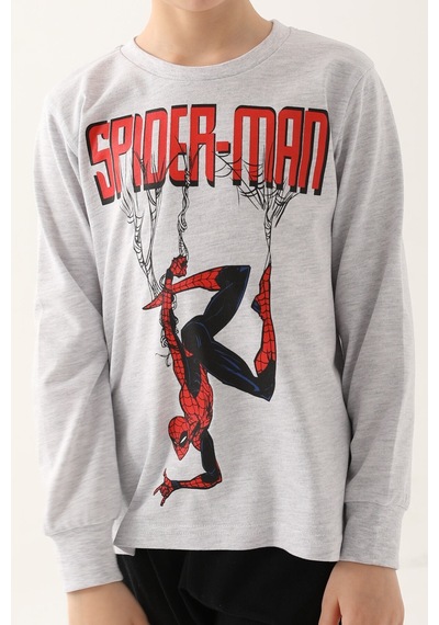 Spiderman Kar Melanj Erkek Çocuk Uzun Kol Pijama Takım Gri Melanj