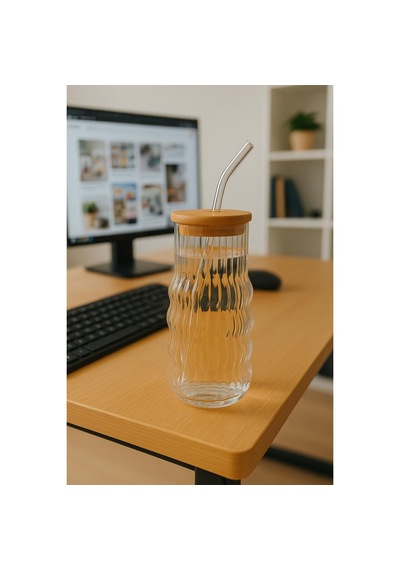 Bambu Kapaklı Motivasyon Cam Bardak / Suluk, 900 Ml, Pipet Hediyeli