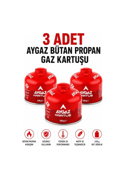Gaz Kartuşu Bütan Propan Karışımlı Kamp Ocağı Uyumlu 230 Gr 3 Adet Kırmızı