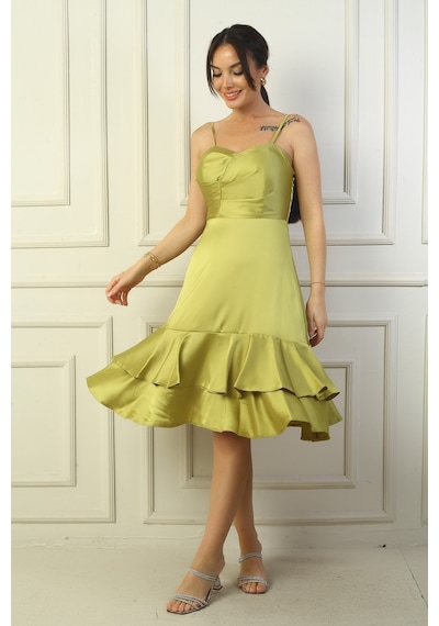 By Saygı Kadın İp Askılı Önü Drapeli Astarlı Eteği Çift Kat Volanlı Saten Elbise Olive By Saygı Kadın İp Askılı Önü Drapeli Astarlı Eteği Çift Kat Volanlı Saten Elbise Olive