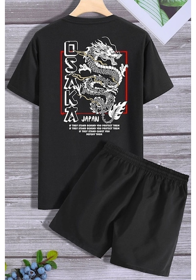 Uyguntarz Rahat Tasarım Osaka Şort T-shirt Eşofman Takımı Siyah