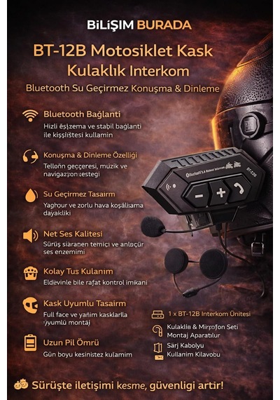 Bt-12b Motosiklet Bluetooth Intercom, Su Geçirmez, Kulaklık Ve Mikrofon Seti