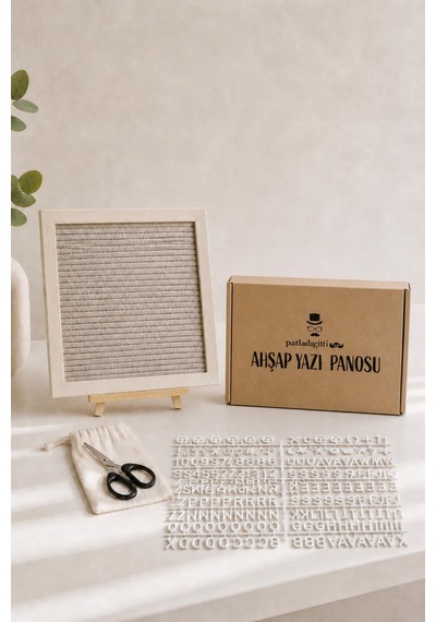 Woodart Premium Letter Board Seti, Şampanya Krem Keçe Yüzeyli Doğal Çam Ahşap Yazı Panosu Şövale Standlı Dekoratif Set