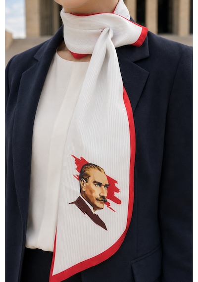 Tarzını Seç Atatürk Beyaz Çizgili Türk Bayraklı 85x25cm Kravat / Eşarp / Fular Beyaz - Kırmızı