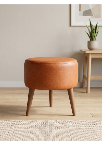 Modern Taba Deri Puf Tabure Ahşap Ceviz Ayaklı Yuvarlak Puf 40x42 Cm